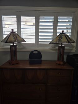 Robert Louis Tiffany "Walnut Mission Collection" Table Lamps (Pair)