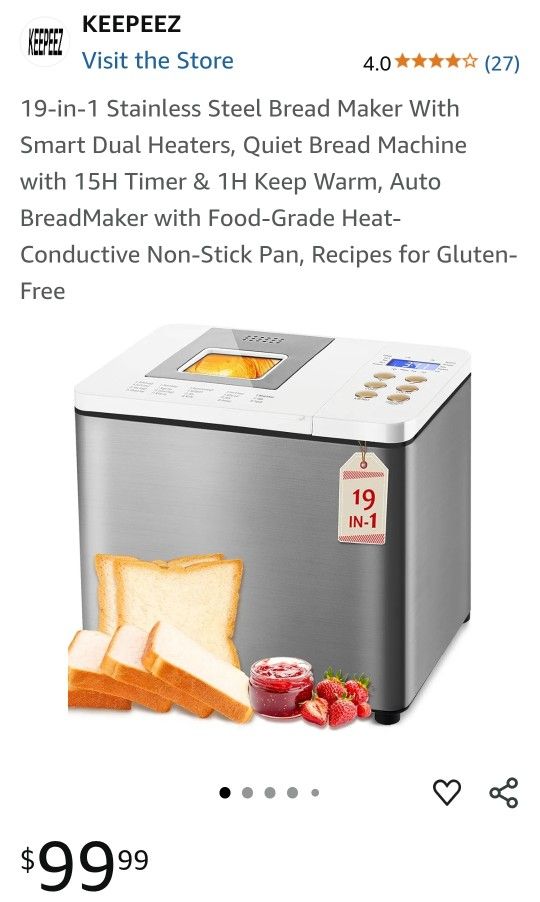 19-in-1 Stainless Steel Bread Maker With Smart Dual Heaters, Quiet Bread Machine with 15H Timer & 1H Keep Warm, Auto BreadMaker with Food-Grade Heat-C