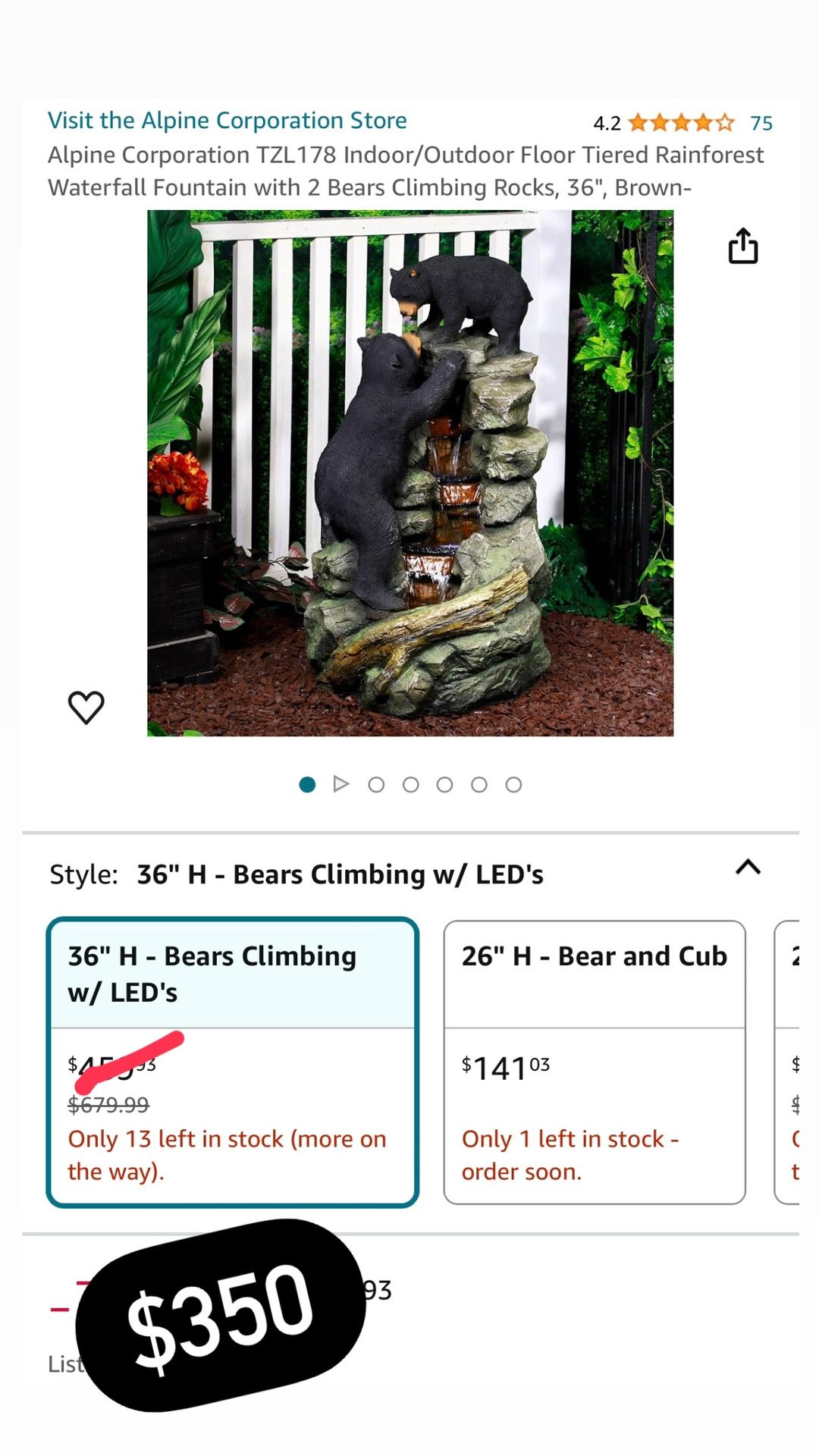 Alpine Corporation 36" Tall Indoor/Outdoor 2 Bears Climbing on Rainforest Water Fountain