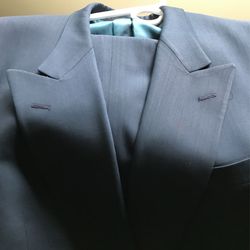 Jhane Barnes For Neiman Marcus Mens Suit Dark Teal Blue-Jacket 42-43 L, Pants Sz 37 altered possibly to 34-Magnifique $175-