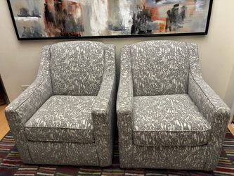 2 Gray & White Upholstered Swivel Armchairs Abstract textured pattern.