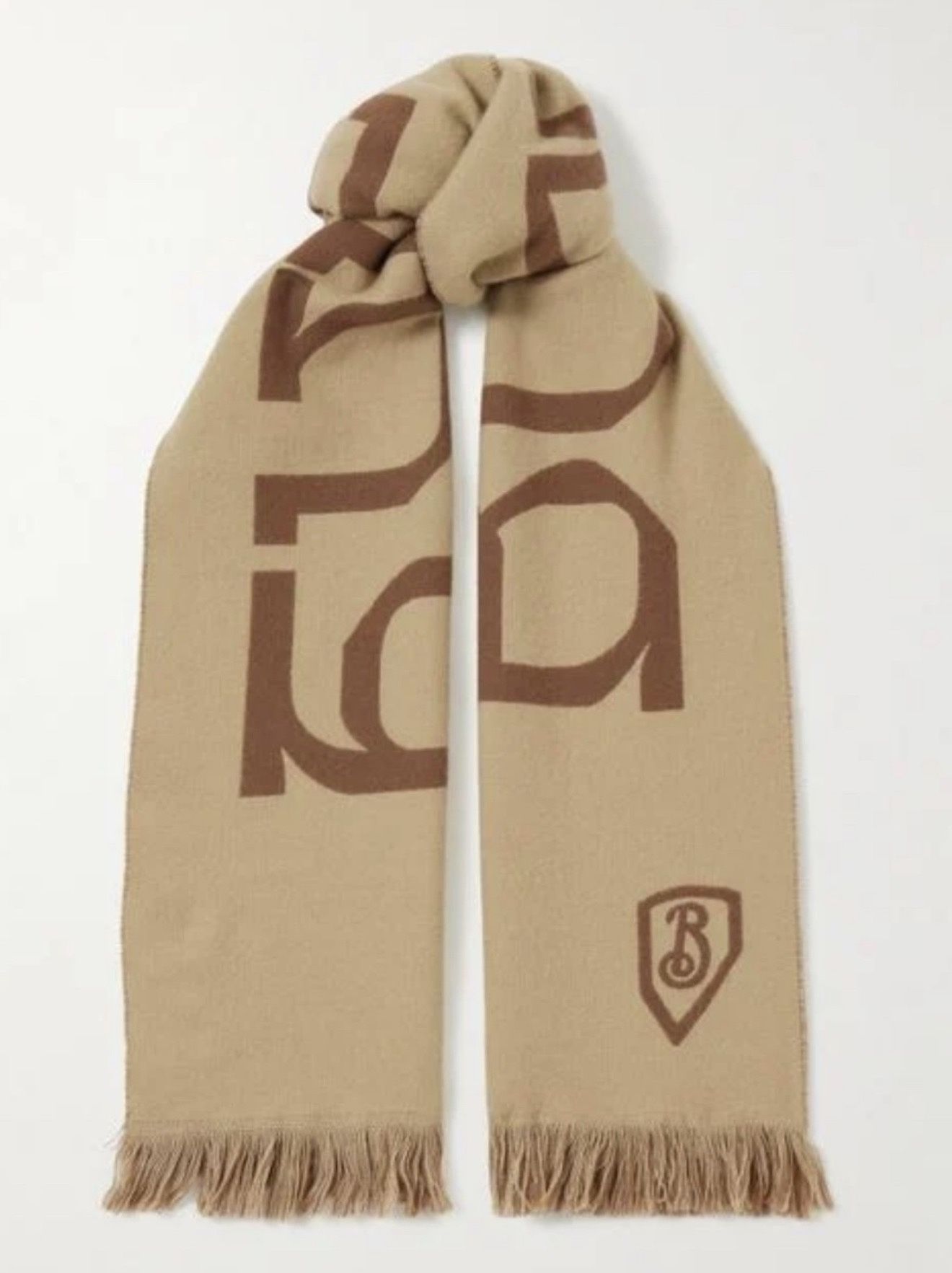 Burberry Natural Fringed Printed Merino Logo Wool Scarf