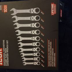 Brand New Icon Professional Ratcheting Stubby Flex Head Combination Wrench Set 10-piece Metric