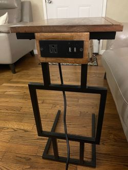 2 rustic brown C-shaped side table with USB ports