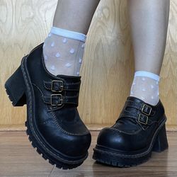 Vintage Y2K Soda Vibes Black Faux Leather Chunky Platform Buckle Oxford Shoes