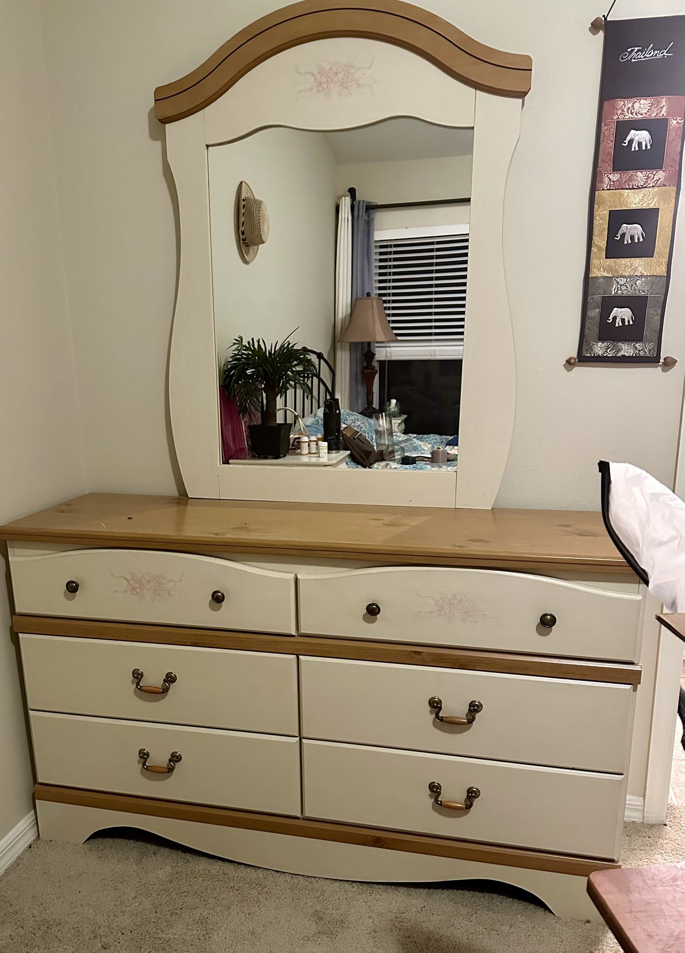 Dresser With Mirror - Off White/ Wood Tree