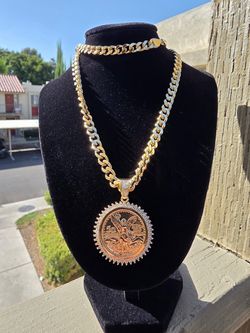 Gold Cuban Link Chain with 50 Pesos Coin Pendant centenario