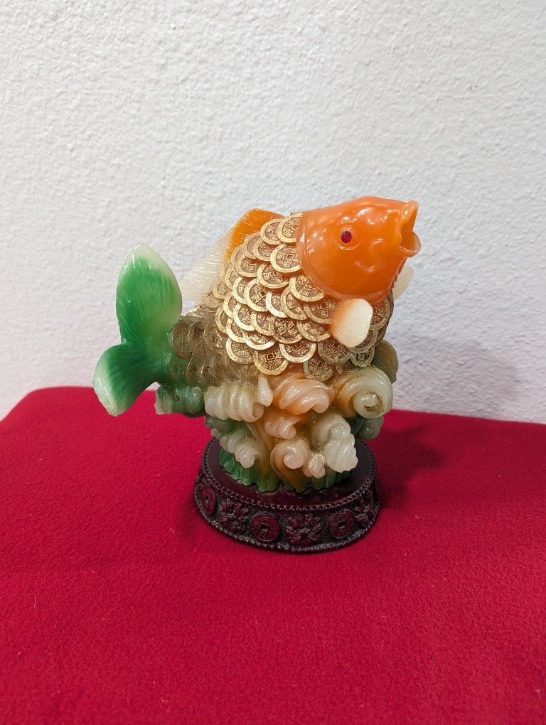 Asian Art Money Gold Fish Resine Orange & Green Statue Figurine w/ Stand 8 in Rare Collectible