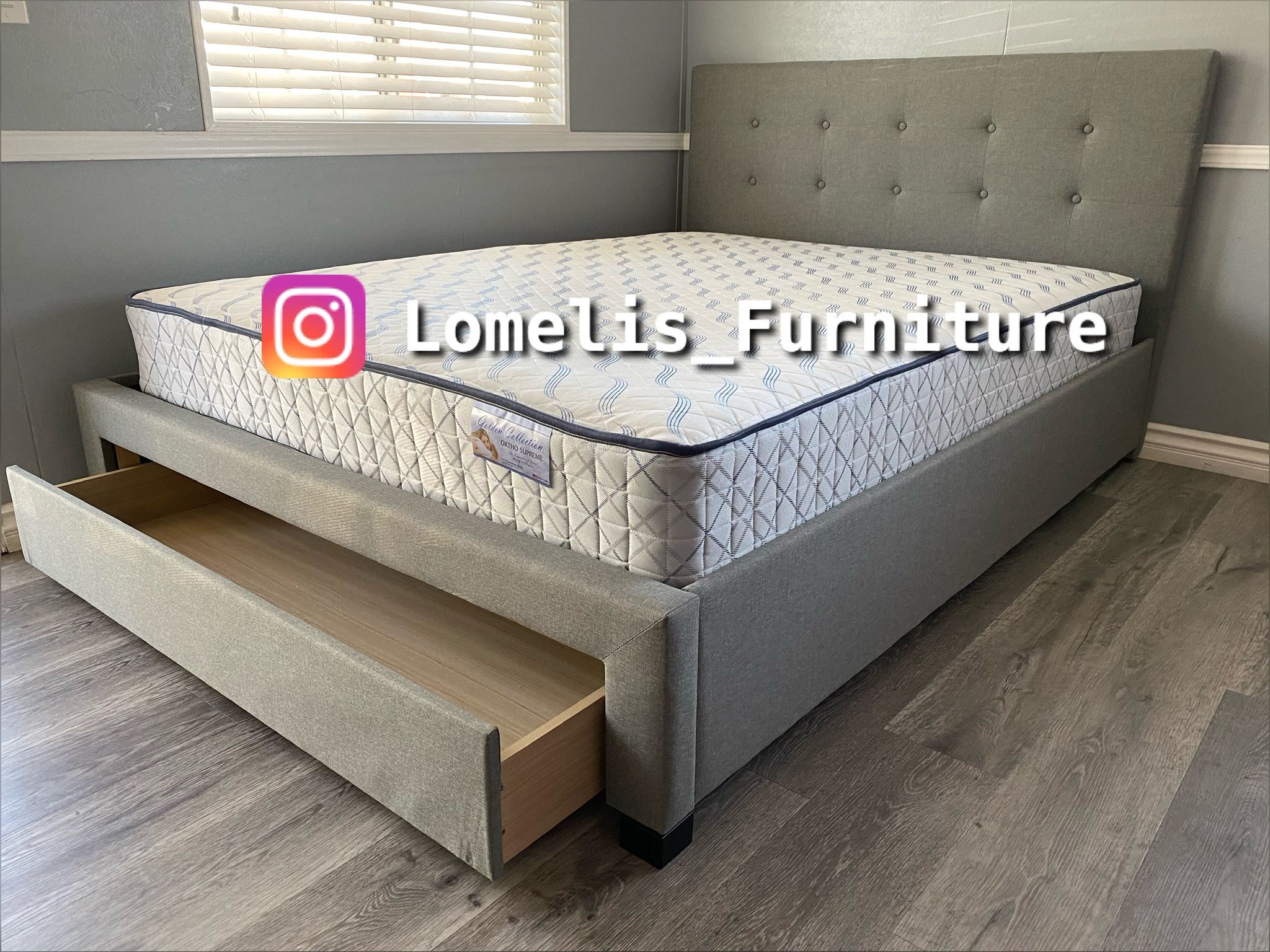 Queen Gray Tufted Bed w. Drawer & Orthopedic Mattress Included 