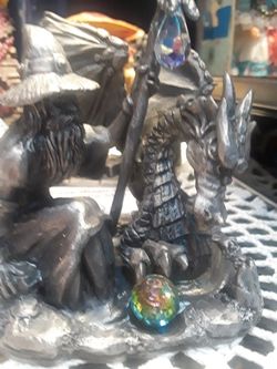 Pewter Fantasy Wizard and Dragon statue