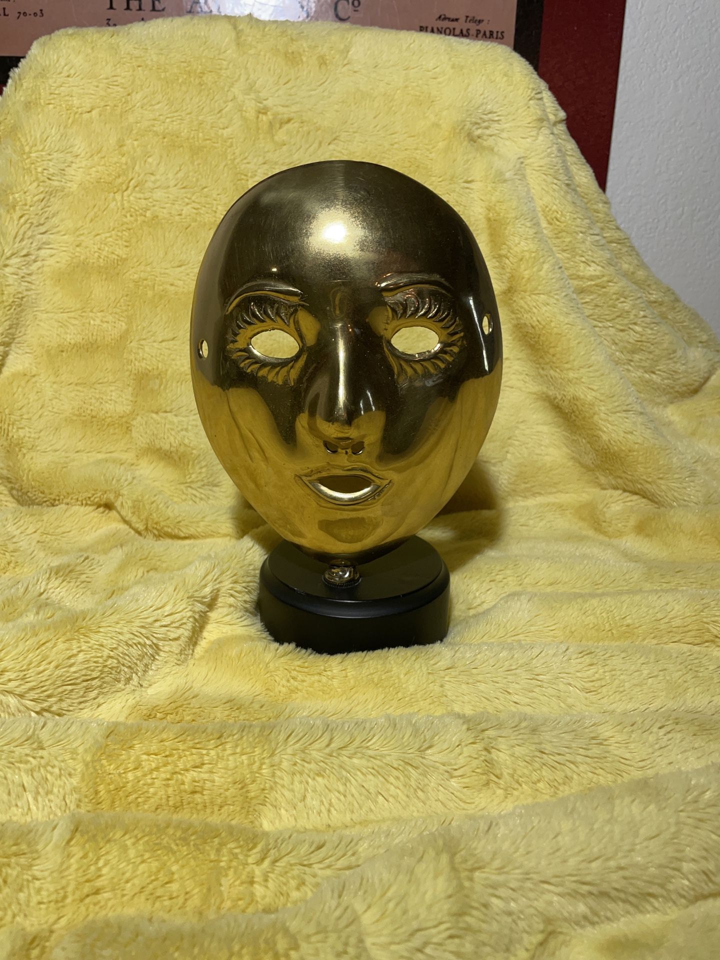 VINTAGE SOLID BRASS AUTHENTIC MARDI GRAS MASK FROM NEW ORLEANS - CUSTOM MOUNTED SOLID WOOD BASE