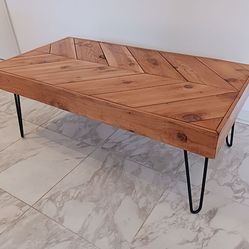 Rustic Pine Chevron Pattern Coffee Table with Hairpin Legs