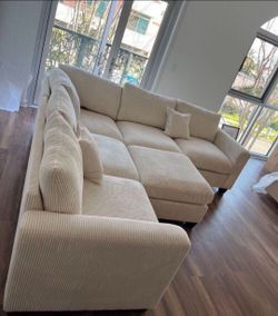 Gorgeous! 4-pc Sectional sofa with ottoman ivory Corduroy fabric