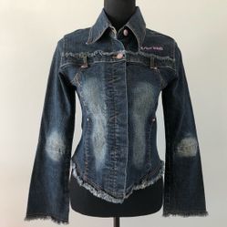 Womens Vintage Pink Jeans Y2k Fitted Button Up Denim Jean Jacket Size S