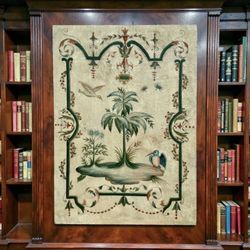 ⭕️ Large Hand-painted Vintage Neoclassical Botanical Wall Art – Tropical Palm & Birds, 33x46
