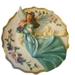 Handcrafted decorative 3D Collectable Winged Angel Wall  Plate Flowers Gold Trim