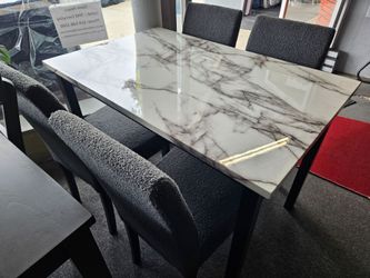 BRAND NEW WHITE FAUX MARBLE DINING TABLE (48"×30"×30"H) + GRAY LINEN CHAIRS