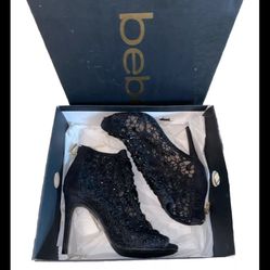 New Bebe Lace Ankle Boots, beaded Crochet, High Heel, Peep Toe, Black Size 8