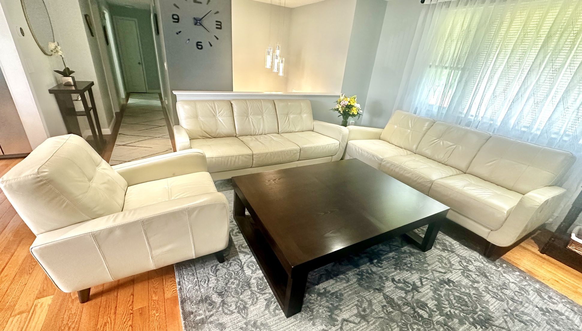 Beige Leather Sofas + Chair Set Excellent Condition