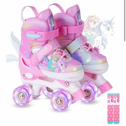 New Girls Roller Skates for Kids Ages 3-12 Adjustable Light Up Roller Skates for Toddlers Beginners Boys Unicorn Mermaid Rainbow Gift for Indoor Outdo
