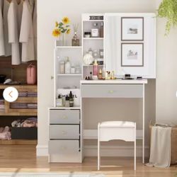 4-Drawers Gray Wood Makeup Vanity Table Stool Set Rectangle Mirror with Storage Shelves