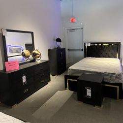 Black Queen Bed, Dresser, Mirror And One Nightstand