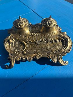 Antique Brass Double Inkwell Desk Set