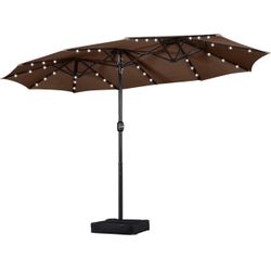 15 ft Large Patio Umbrella with Solar Lights Double-Sided Outdoor Rectangle Market Umbrellas with 36 LED Lights/Base Included/Easy Crank for Patio Gar