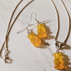 Yellow Teddy Bears Necklace Pendant Earrings Set Handmade