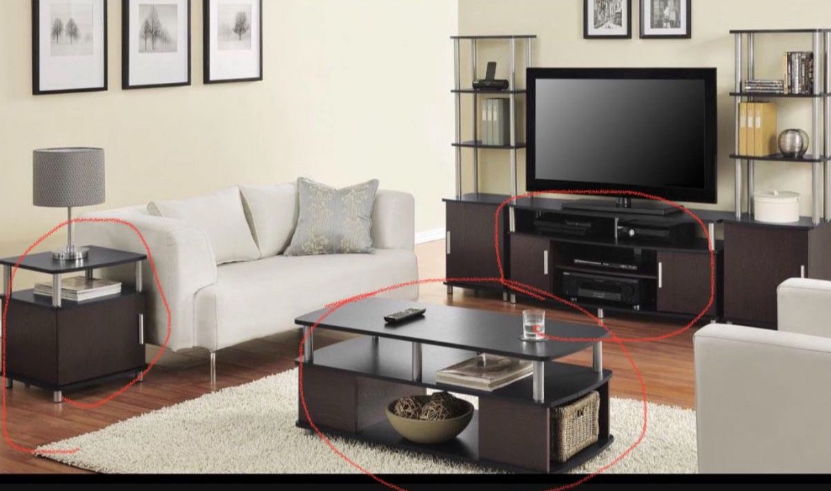 Tv stand with storage, coffee table and end table (THREE ITEMS) 