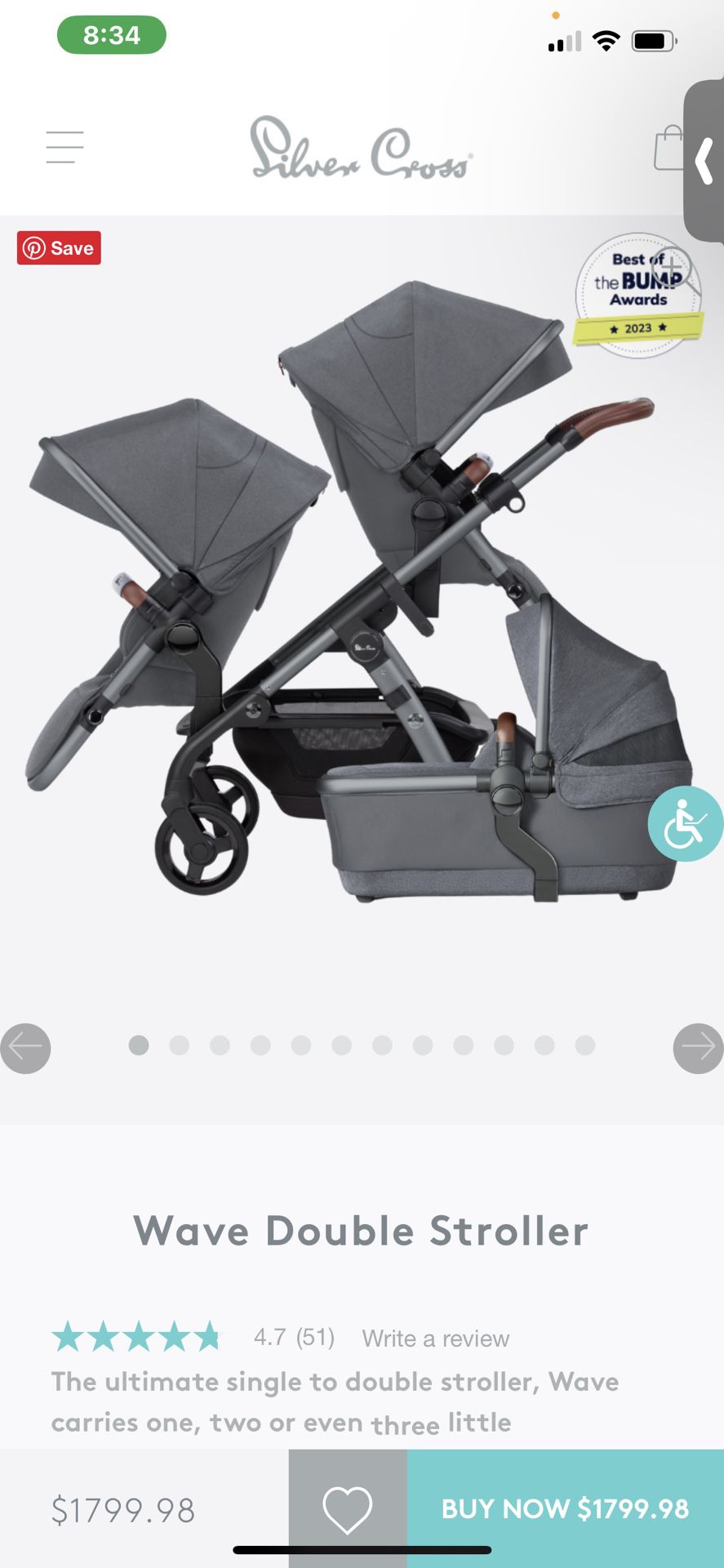Silver Cross Wave Double Stroller With Bassinet 