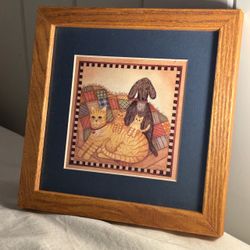 Cat dog folk art framed print 90s Linda Spivey