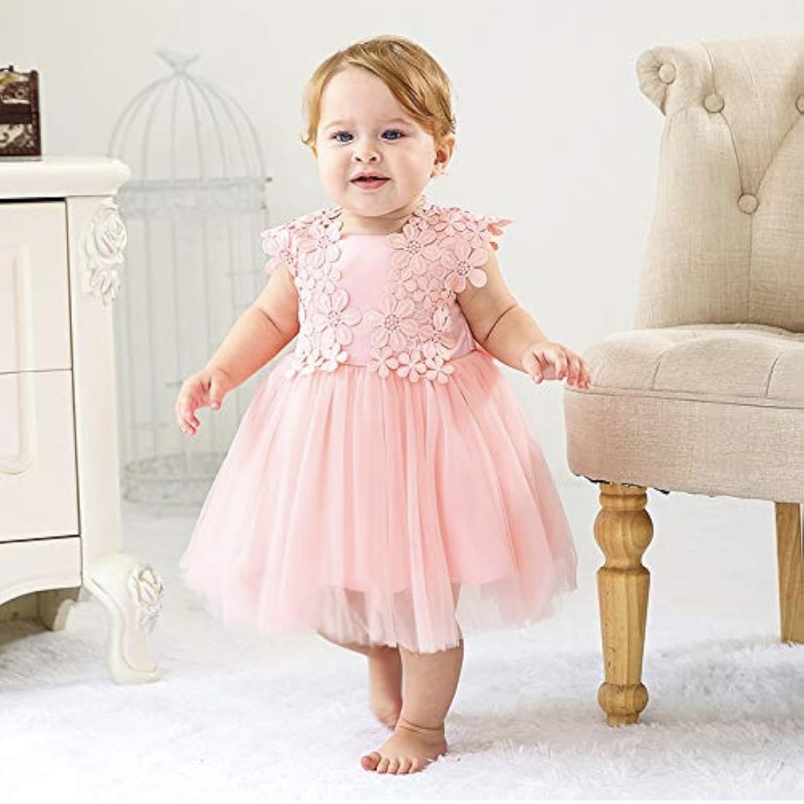 Baby Girl 18 Months Pink Floral Tulle Dress Christening Baptism Gown