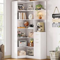 Corner Bookshelf, 76" Tall Corner Bookshelves, 6 Tiers L-Shaped Bookcase with 10 Open Shelves and 2 Storage Drawers for Living Room or Home Office