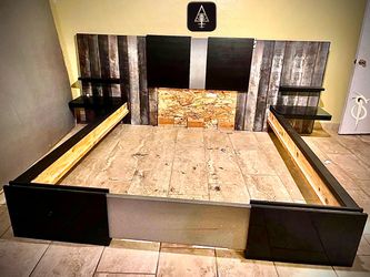 🛏️ Custom Heavy-Duty Designer King Bed w/ Floating LED Nightstands + Saatva Mattress