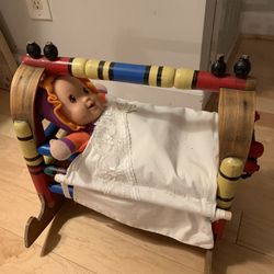 Unique Antique Vintage Wooden Cradle Toy With Baby Doll 