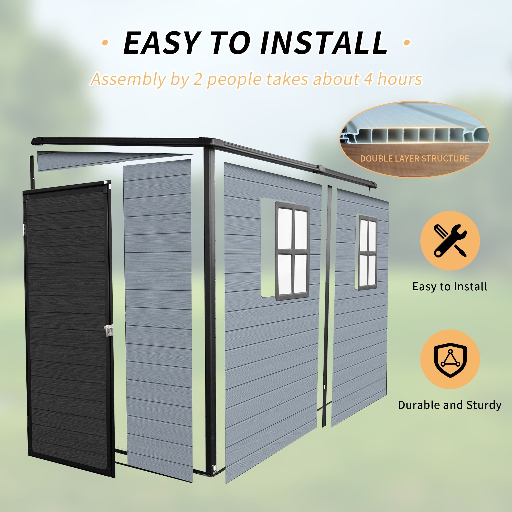 4x8ft Outdoor Resin Garden Shed with Floor and 2 Windows, Plastic Patio Outdoor Storage Shed with Lockable Door for Garden Tools, Bicycles, Trash Cans