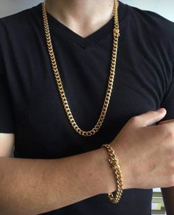 8mm Cuban Link Set 14K Gold Plated Does Not Loses Color