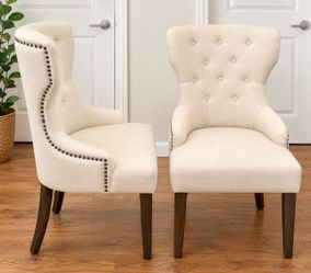 Set of 2 Upholstered Tufted Dining Chairs – Cream Linen, Nailhead Trim