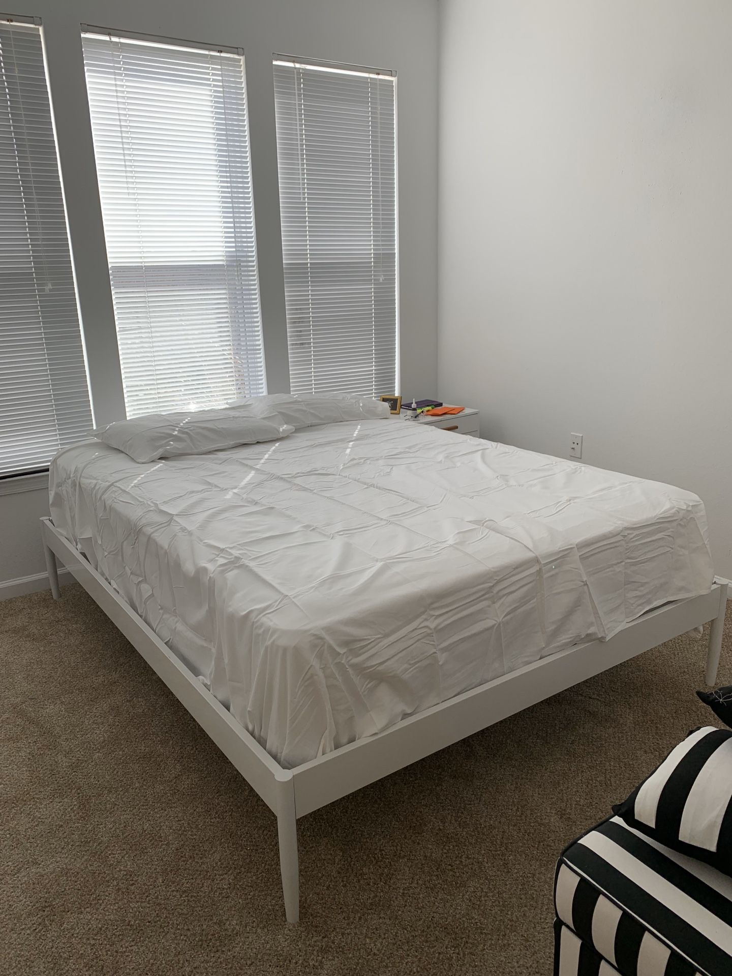 QUEEN Bedframe, Mattress, Boxspring and side table