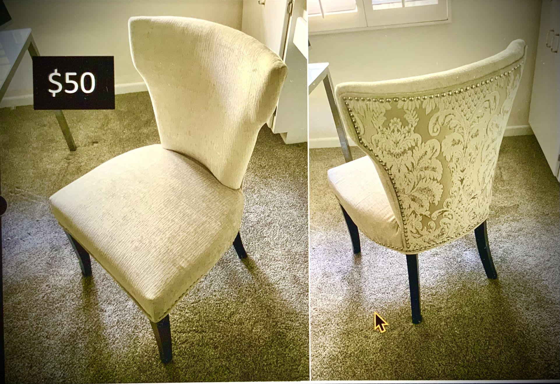 Stylish Beige Studded Winged Chair