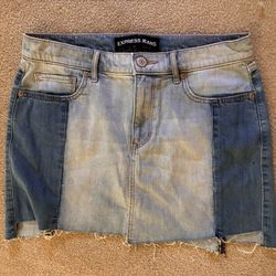 Express Denim Two Tone Raw Hem Distressed Mini Skirt Oil