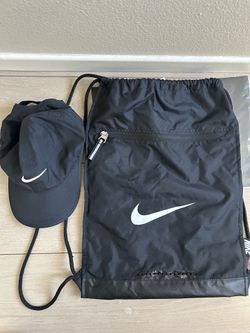 Nike Black Drawstring Gym Sack Bag & Swoosh Hat Bundle