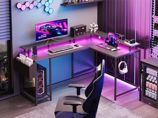 TAUS L-Shaped Gaming Desk With RGB Lights & Power Outlets – Modern Corner Desk For Bedroom Or Office