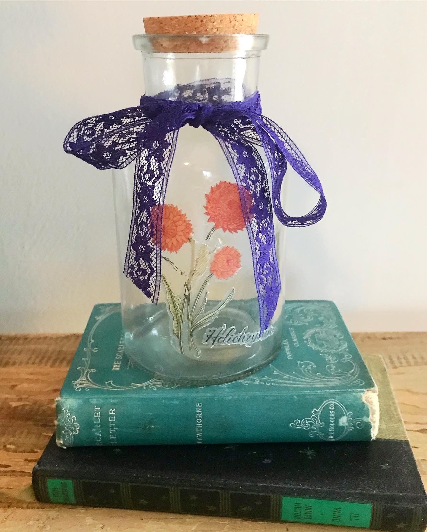 Upcycled Glass Jar with Floral Design, Cork and Vintage Lace  