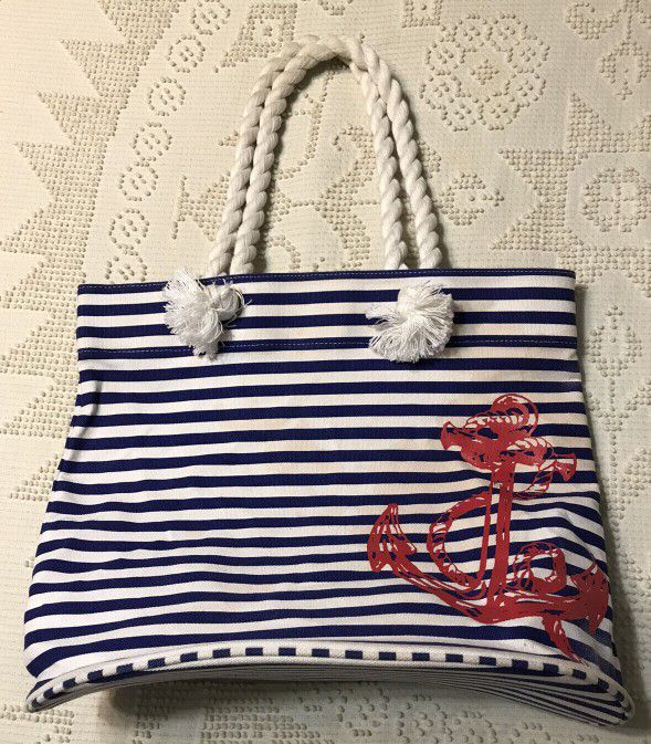 Anchor Sequined Striped Canvas Hobo Beach Bag - White & Red Stripes