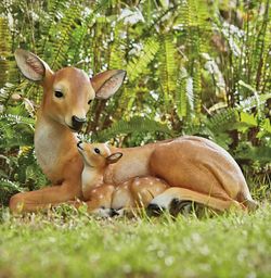 Vintage Cuddling Mother and Baby Deer Garden Statue, featuring a polyresin 14"
