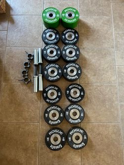 Rogue 15lb dumbbell handle set with dumbbell bumpers 25lb 15lb 10lb