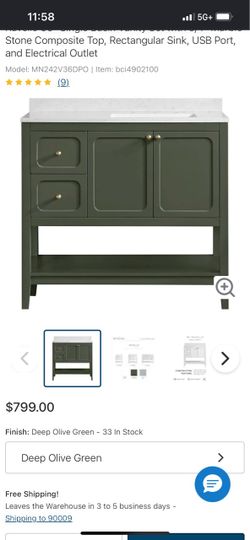 Ravello 36" Single Basin Vanity Set with 3/4" Marble Stone Composite Top, Rectangular Sink, USB Port, and Electrical Outlet