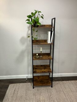 5 tier ladder bookshelf brown wood metal storage
